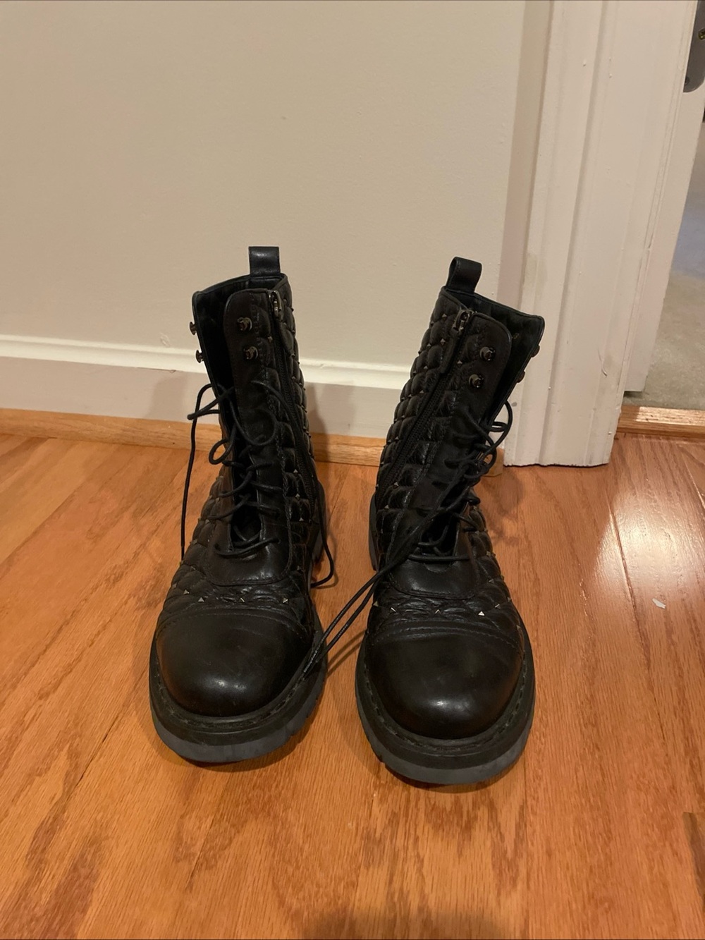 Valentino Black Quilted Leather Combat Boots